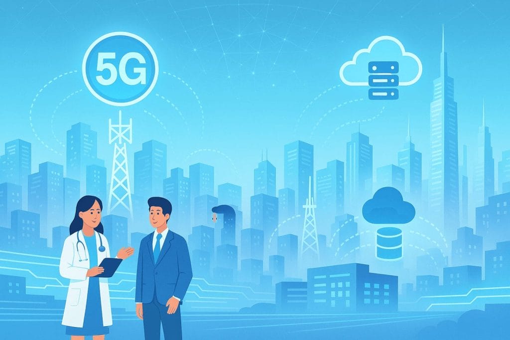 A doctor and a businessperson converse in a cityscape with 5G, cloud, and data icons, illustrating technology integration and advanced data management in urban and healthcare environments.