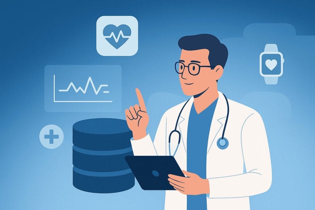 Illustration of a doctor holding a tablet, surrounded by health icons such as a heartbeat, wearables like a smartwatch, and medical data symbols—capturing the future of health and the growing impact of telemedicine.