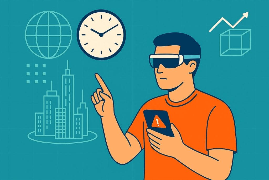 Illustration of a person wearing smart glasses and holding a phone with an alert symbol, interacting with virtual icons like a clock, globe, buildings, and a graph&mdash;showcasing AR in Real Time and immersive tech for enhanced data performance.