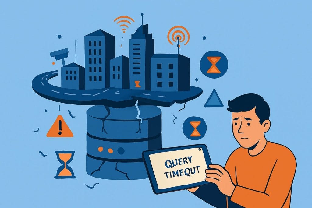 A person holds a tablet displaying "QUERY TIMEOUT" next to a cracked server supporting a smart city, with warning and hourglass icons highlighting the database bottlenecks challenging urban innovation.