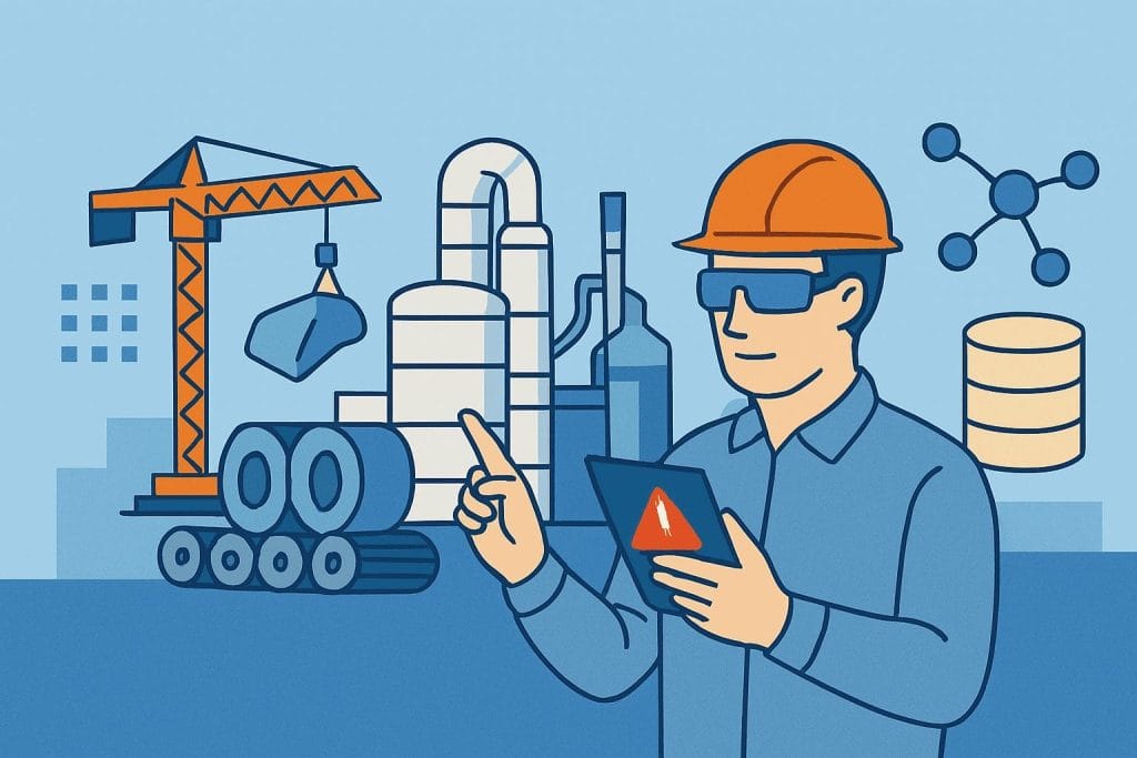 Illustration of an engineer wearing safety gear using a tablet in an industrial setting, with factories, chemicals, machinery, and data icons representing industry and database performance in the background.