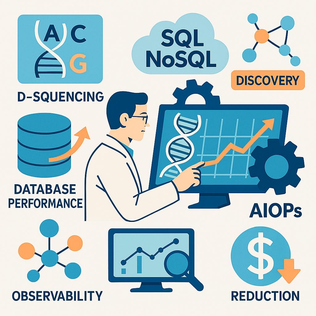 Illustration of a person analyzing DNA and data charts, surrounded by icons labeled D-SEQUENCING, SQL/NoSQL, DISCOVERY, DATABASE PERFORMANCE, AIOps, OBSERVABILITY, and REDUCTION&mdash;highlighting the role of genomics in advancing database performance.
