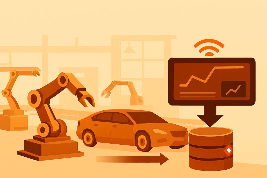 Illustration of robotic arms assembling a car on an automotive manufacturing line, with a digital monitor displaying data and an arrow pointing data into a storage database for proactive database monitoring.