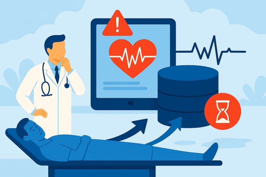 A doctor stands by a patient on a bed, looking at a monitor displaying heart rate, alert symbols, and a database icon, suggesting medical data analysis or patient risk assessment within digital healthcare systems.