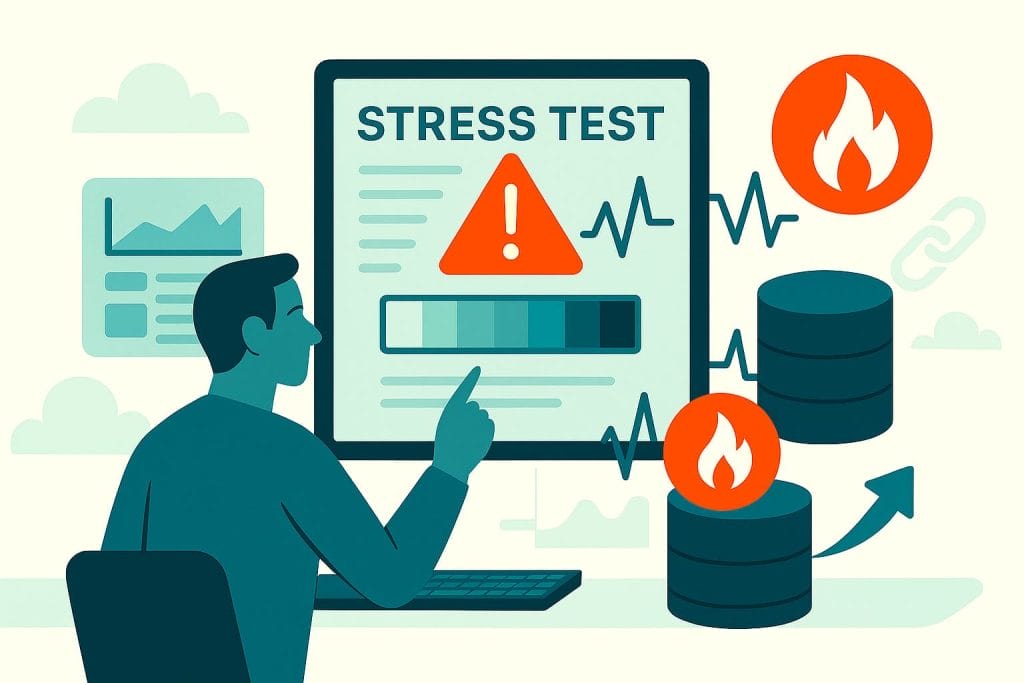 Illustration of a person analyzing a computer screen that displays "STRESS TEST" with warning icons, data charts, and images of burning database stacks&mdash;highlighting Database Stress Testing for Mission-Critical Systems.