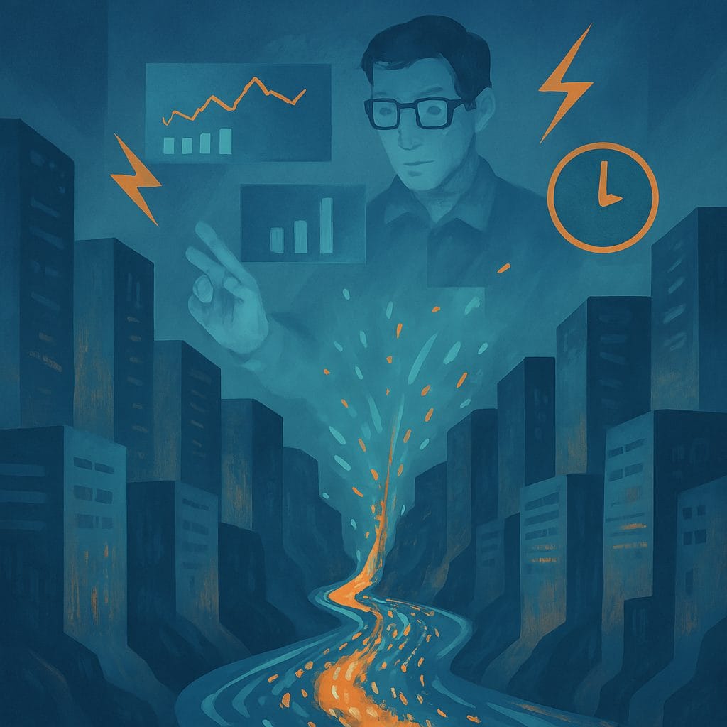 A man with glasses appears above a cityscape, interacting with floating data charts and a clock, while a glowing path&mdash;symbolic of supercomputing breakthroughs&mdash;runs through the center of the city.