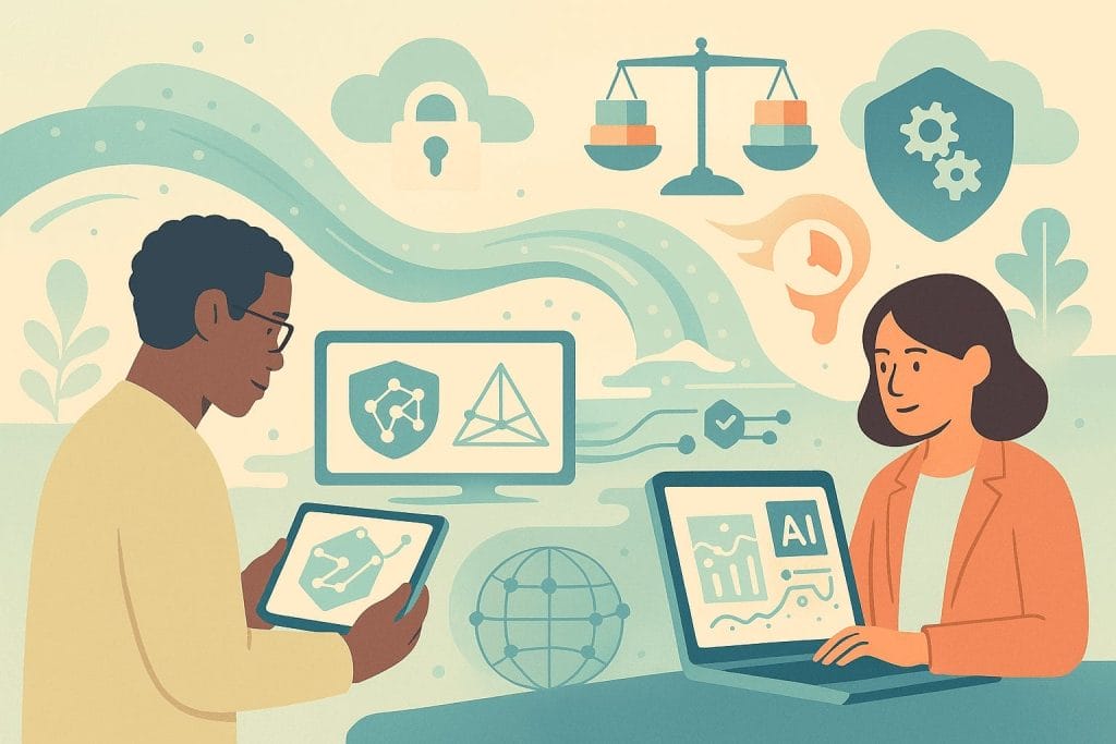 Two people work with digital devices surrounded by icons of AI, security, scales of justice, and technology, representing artificial intelligence, database optimization, and ethical considerations.