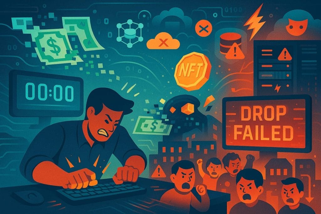 An animated scene of a frustrated person at a computer during an NFT drop failure, with angry users, warning symbols, and digital money icons in the background&mdash;highlighting DB lags that disrupt million-dollar launches.