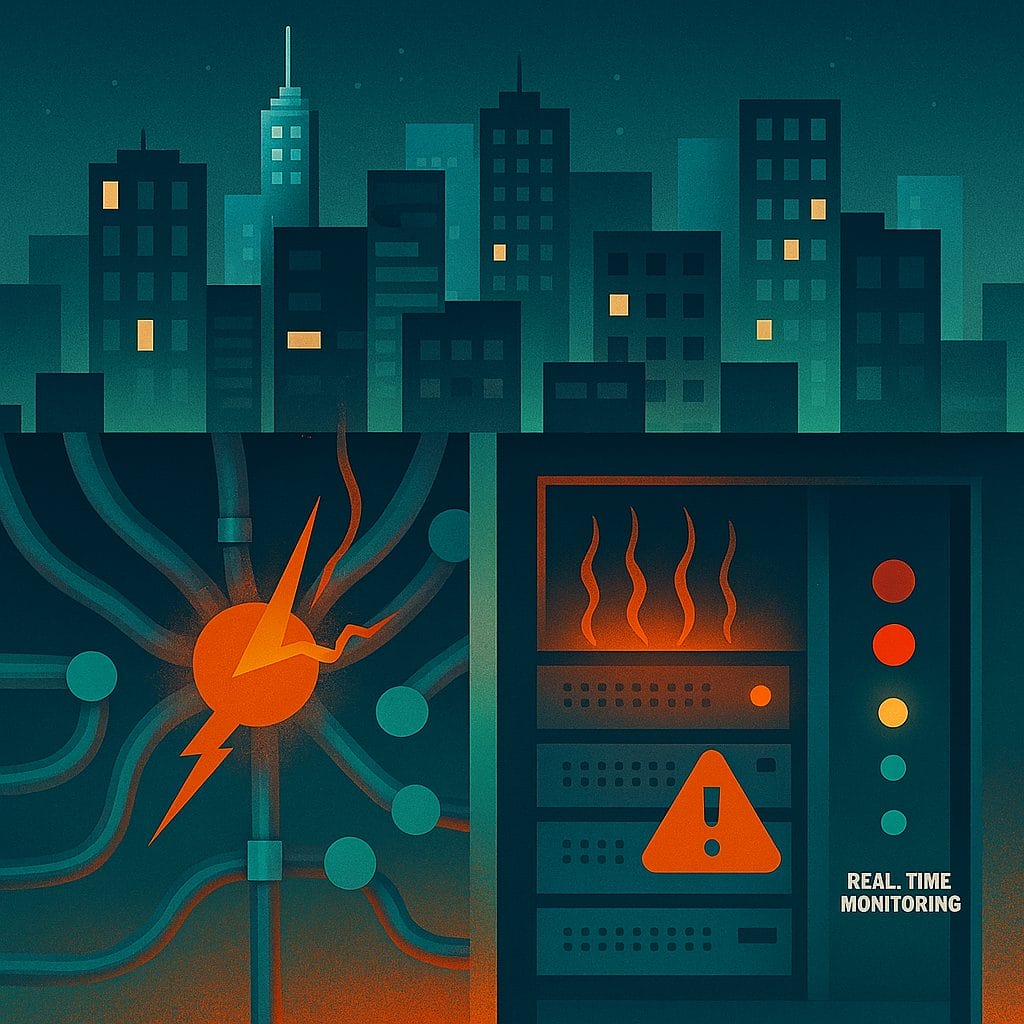 Illustration of a city skyline at night with an electrical panel overheating, warning lights activated, and the words "Real Time Monitoring" displayed&mdash;highlighting the role of Smart Grids in preventing blackouts.