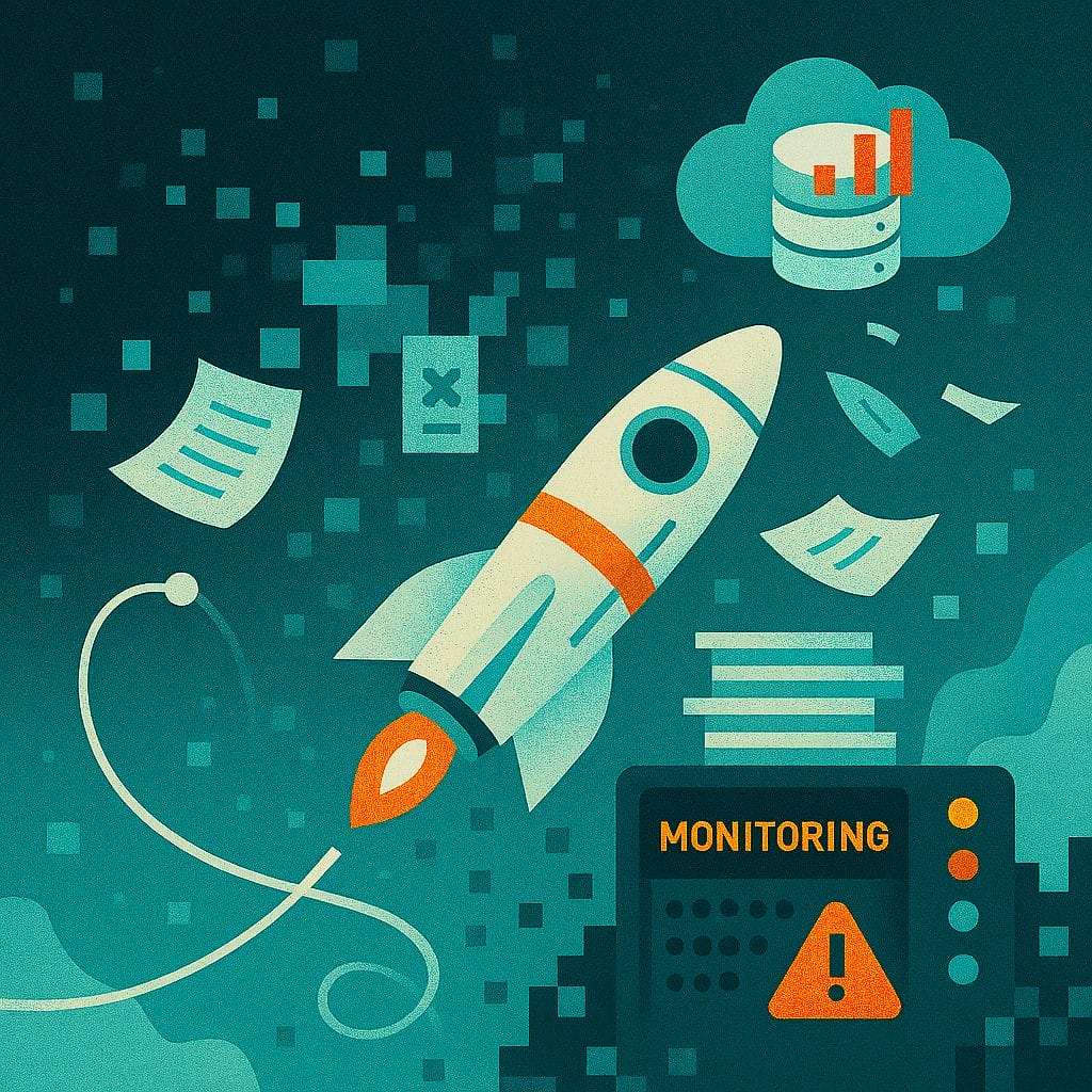 Illustration of a rocket taking off, surrounded by documents, a cloud with a chart, and a monitor labeled "Monitoring" with a warning symbol&mdash;depicting the challenges of space research simulations and DB overload.