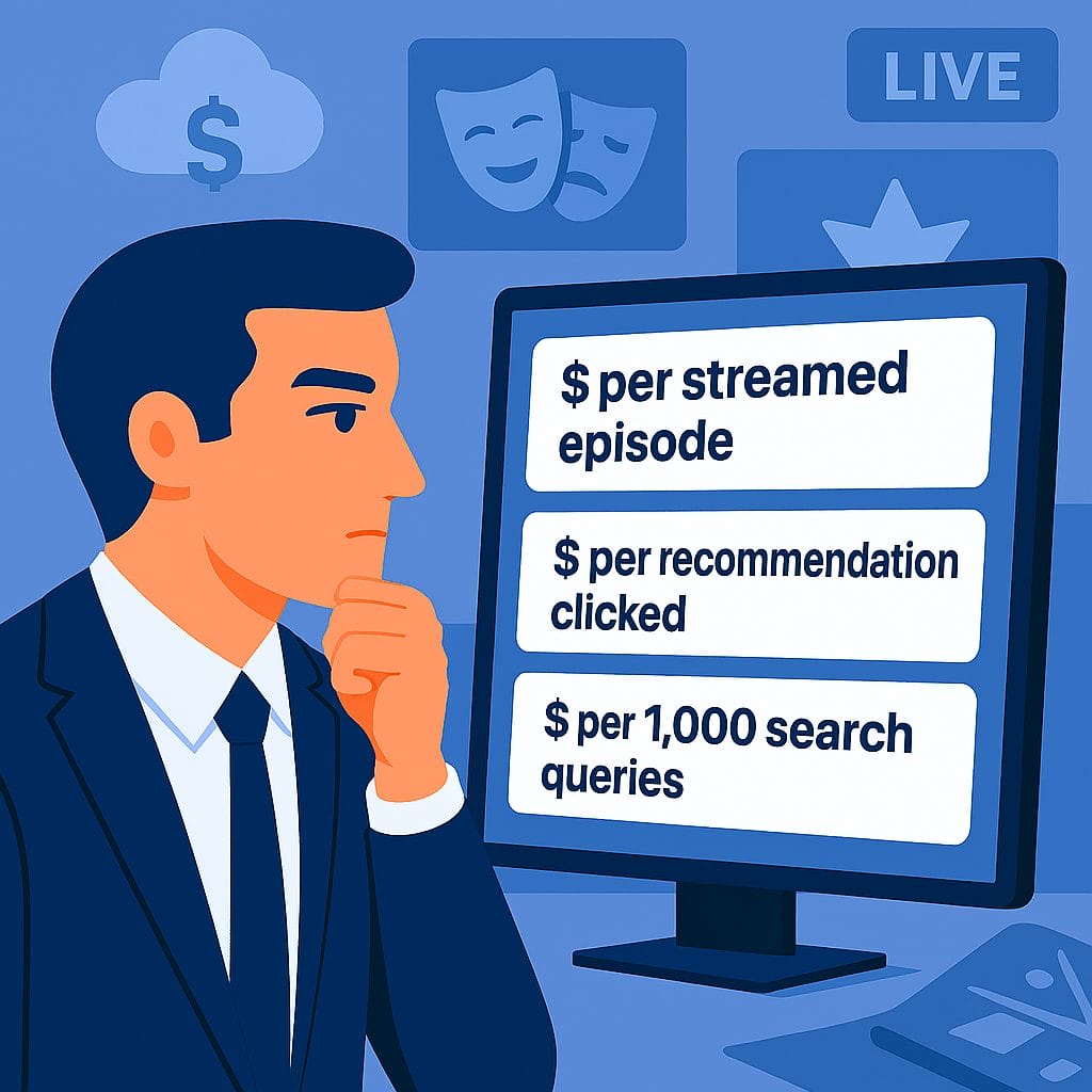 An illustration of a man in a suit looking at a computer monitor displaying streaming and online content revenue options, highlighting agility in avoiding IT overspend.