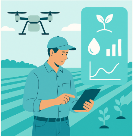 A person in a field uses a tablet to monitor smart farming data with the help of IoT devices, as a drone flies nearby and icons display plant growth, water usage, and statistics.