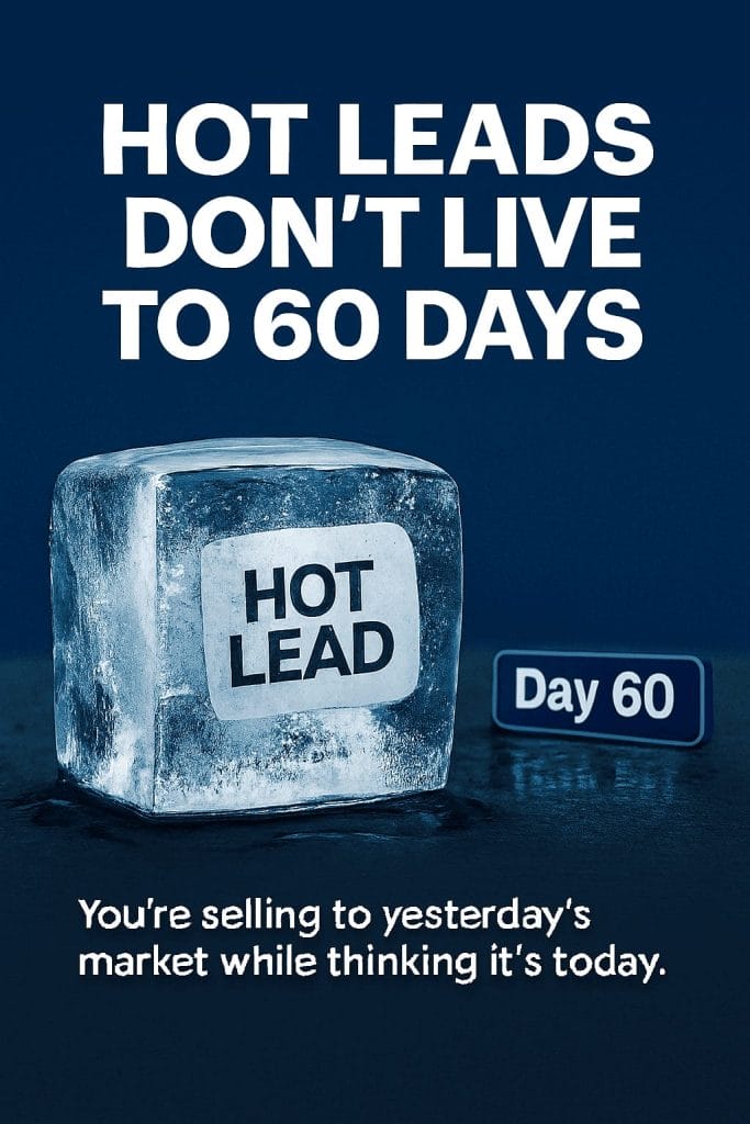 A block of ice labeled "Hot Lead" sits next to a sign reading "Day 60" with text above stating, "Sales teams lose deals when hot leads don&rsquo;t live to 60 days.