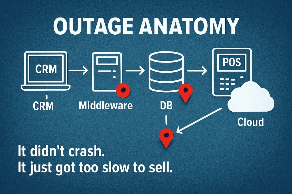 Diagram titled "Outage Anatomy" highlights slowdown points across CRM, Middleware, DB, POS, and Cloud. Text notes performance was too slow to sell&mdash;no crash occurred&mdash;causing revenue leak due to limited data visibility, not full downtime.