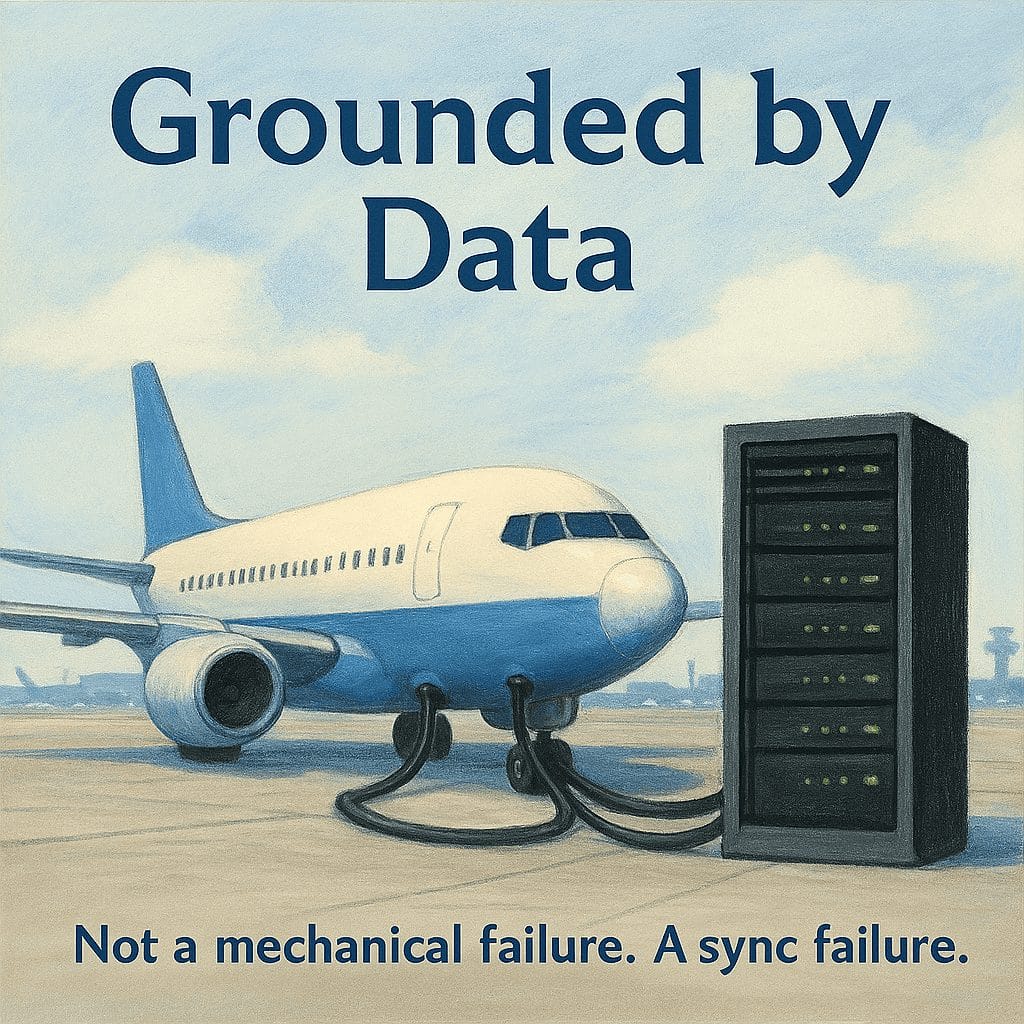 A commercial airplane is connected to a server rack by thick cables. Text reads: "Grounded by Data. Not a mechanical failure. An Alaska Air IT outage grounded flights&mdash;testing operational resilience.