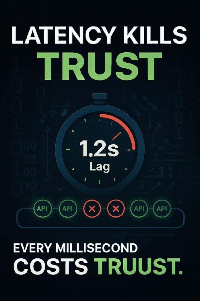 A graphic shows "Latency kills trust" above a stopwatch reading "1.2s lag," with API icons and text: "Every millisecond costs performance and trust&mdash;especially with Open Banking APIs.