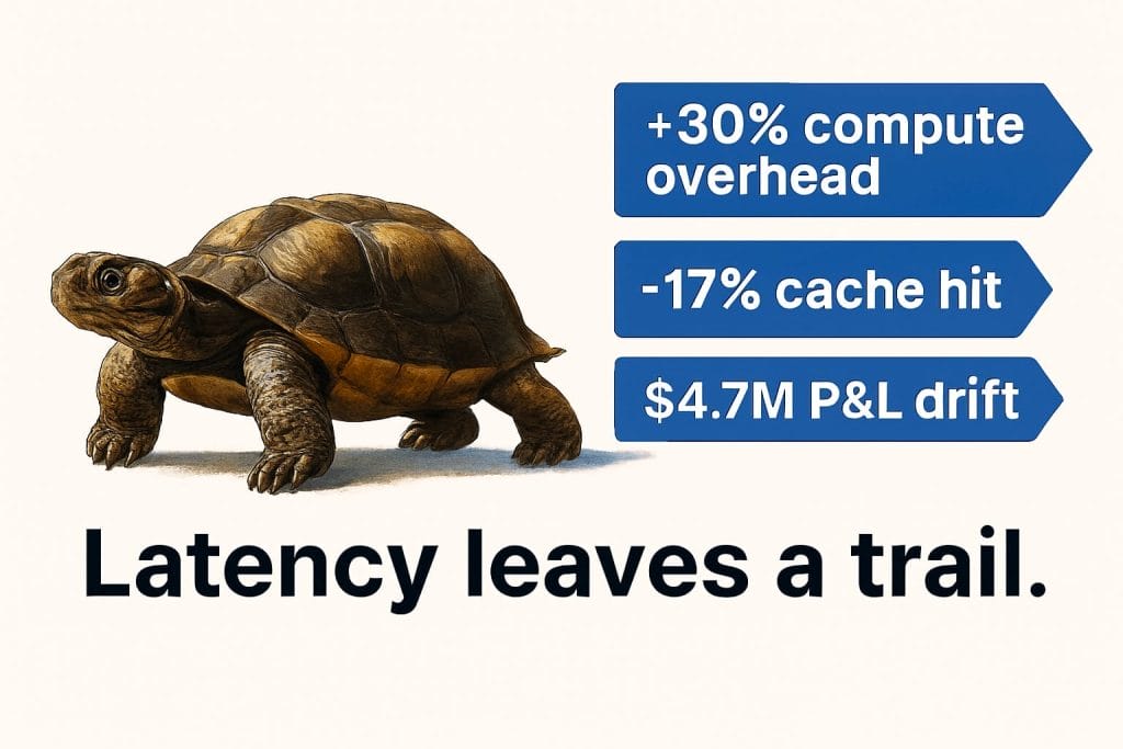 A turtle next to arrows listing +30% compute overhead, -17% cache hit, and $4.7M P&L drift; large text below reads "Latency leaves a trail&mdash;even a small fintech outage can create risk.