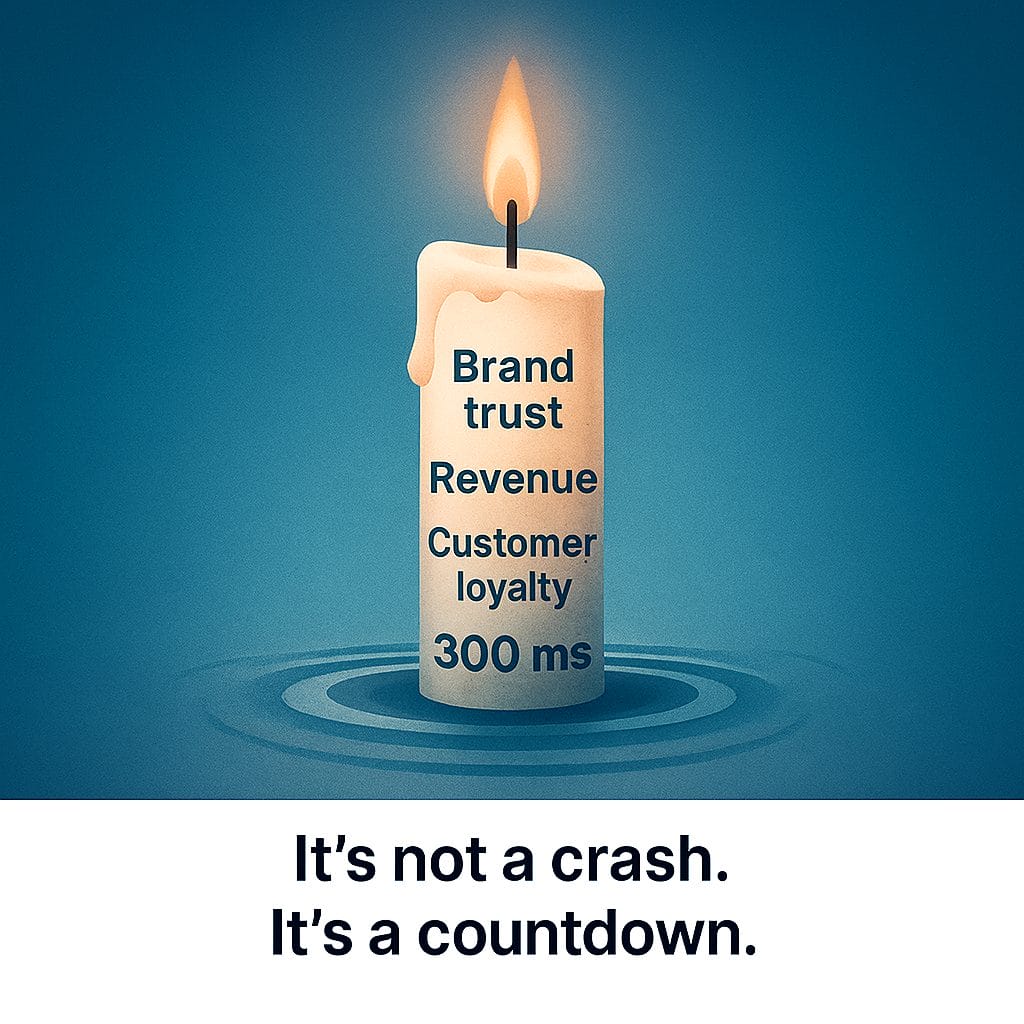 A lit candle labeled "Brand trust, Revenue, Customer loyalty, 300 ms" burns down&mdash;text below: "It's not a crash. It's a countdown from downtime.