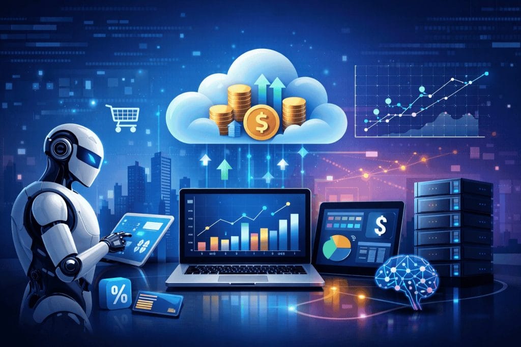 A robot analyzes financial data on digital devices, surrounded by graphs, cloud computing icons, money symbols, a server stack, and a neural network illustration.