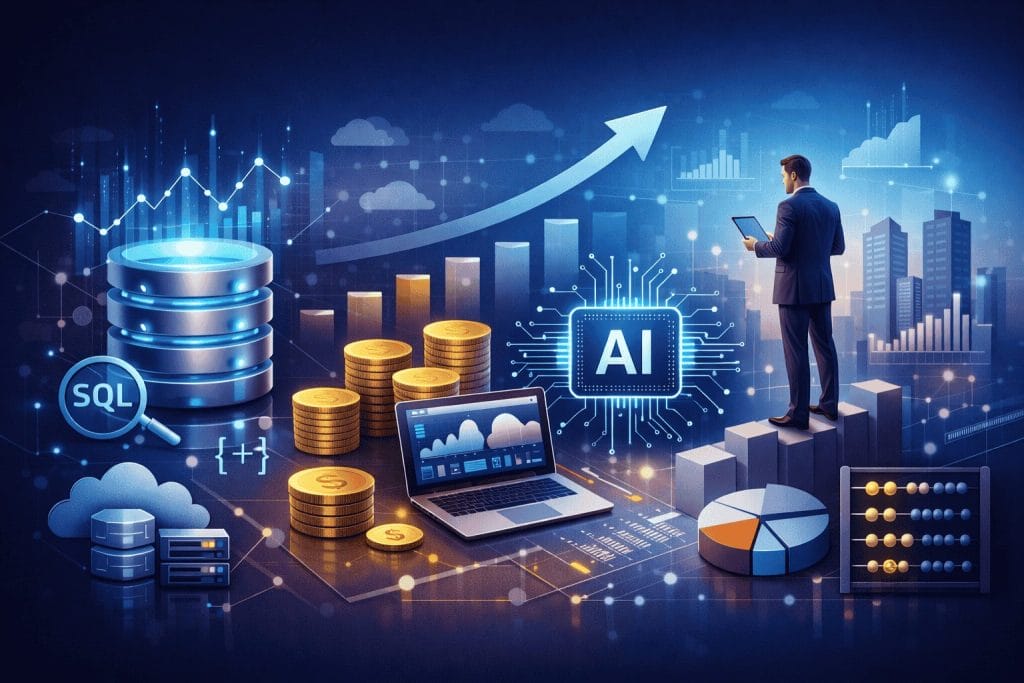 A businessman with a laptop stands among charts, coins, and digital symbols representing SQL, AI, databases, and financial growth in a futuristic, data-driven setting.