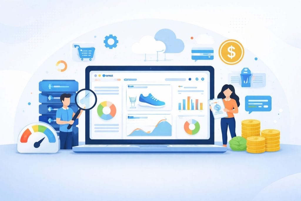 Illustration of two people analyzing online shopping data on a large laptop screen, surrounded by charts, graphs, coins, and ecommerce icons.