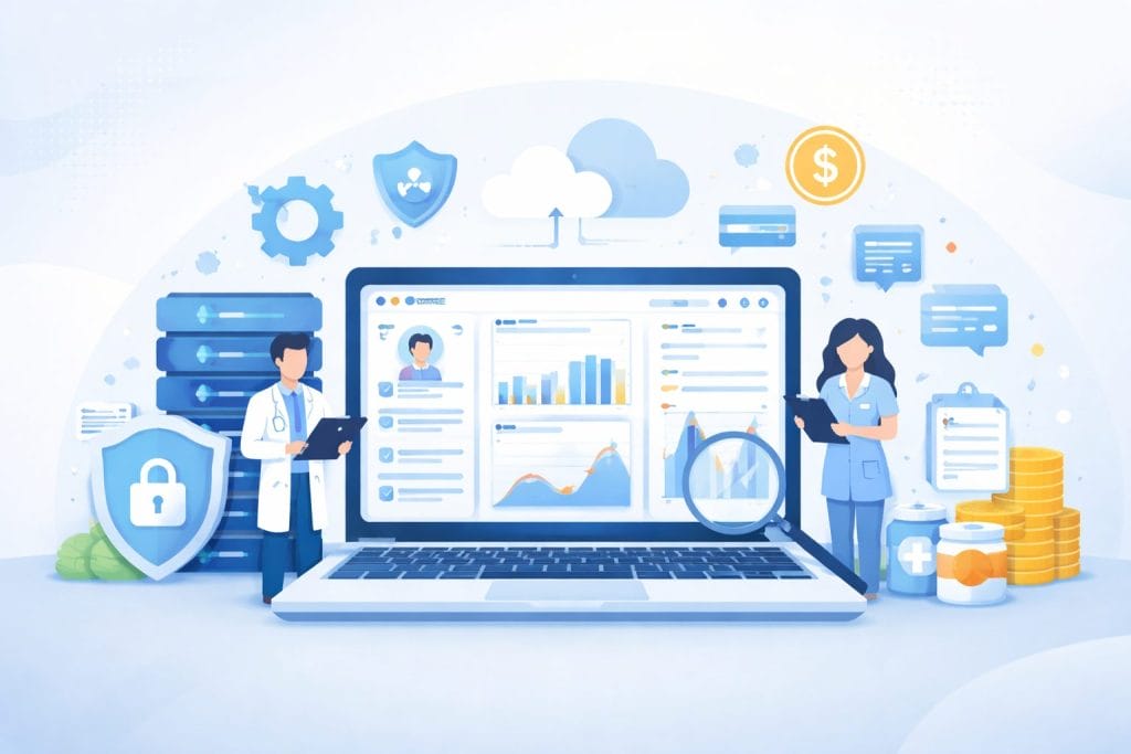 Doctors review medical data on a laptop surrounded by healthcare icons, charts, security symbols, and coins, representing digital health records and data security.