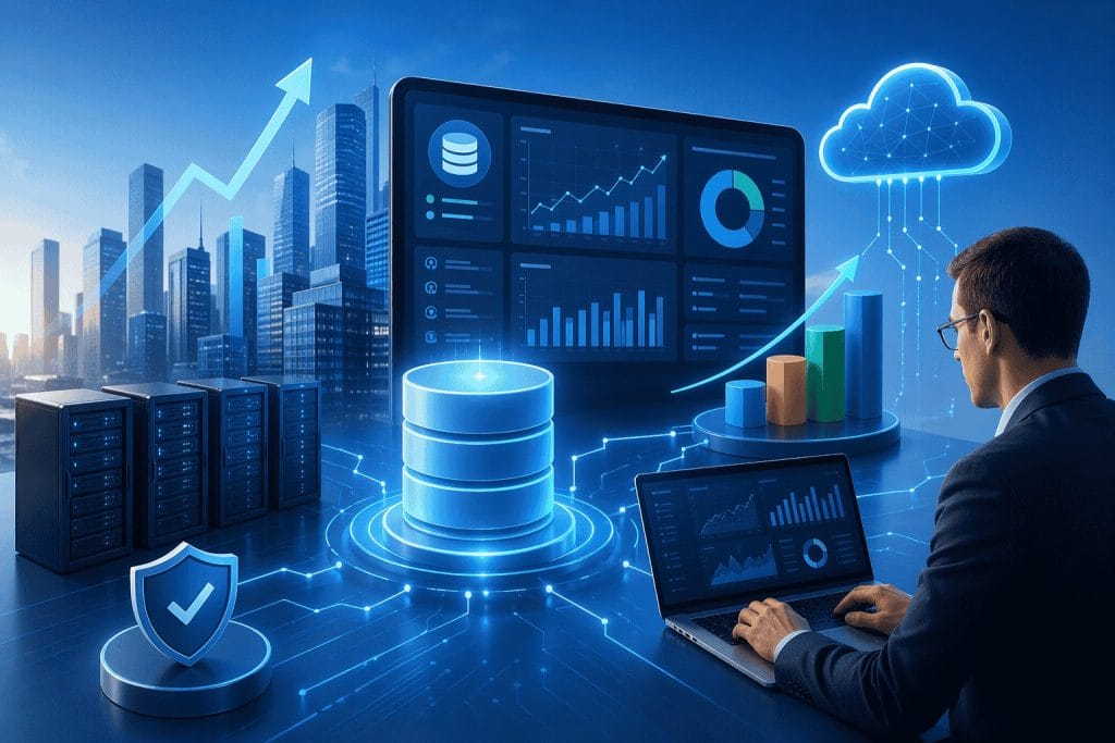 A man works on a laptop with data analytics charts on screen, surrounded by digital icons of servers, cloud storage, and graphs, with a cityscape in the background.