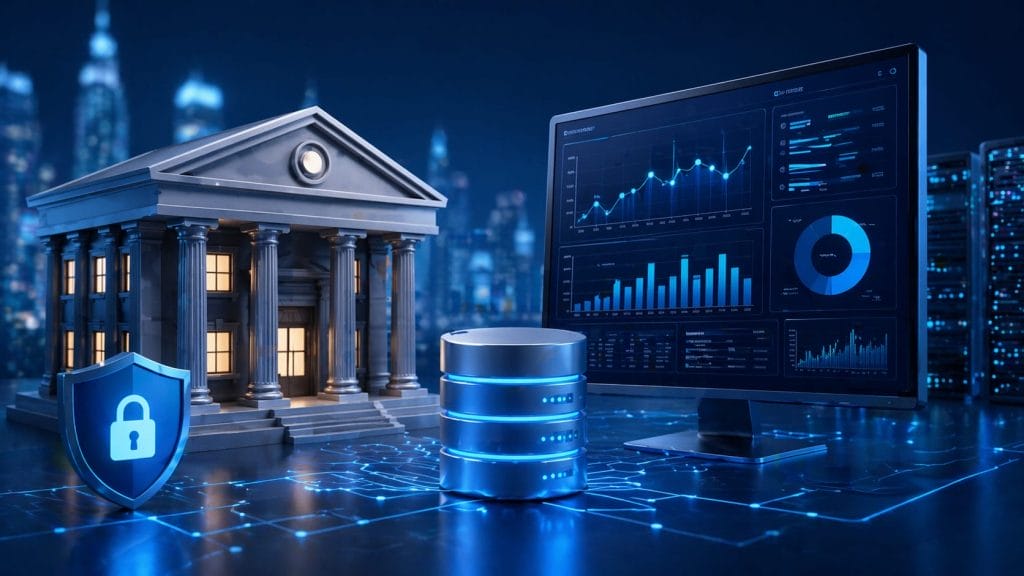 A digital illustration shows a bank building, a secure shield icon, a data server, and a computer monitor displaying financial charts against a cityscape background.