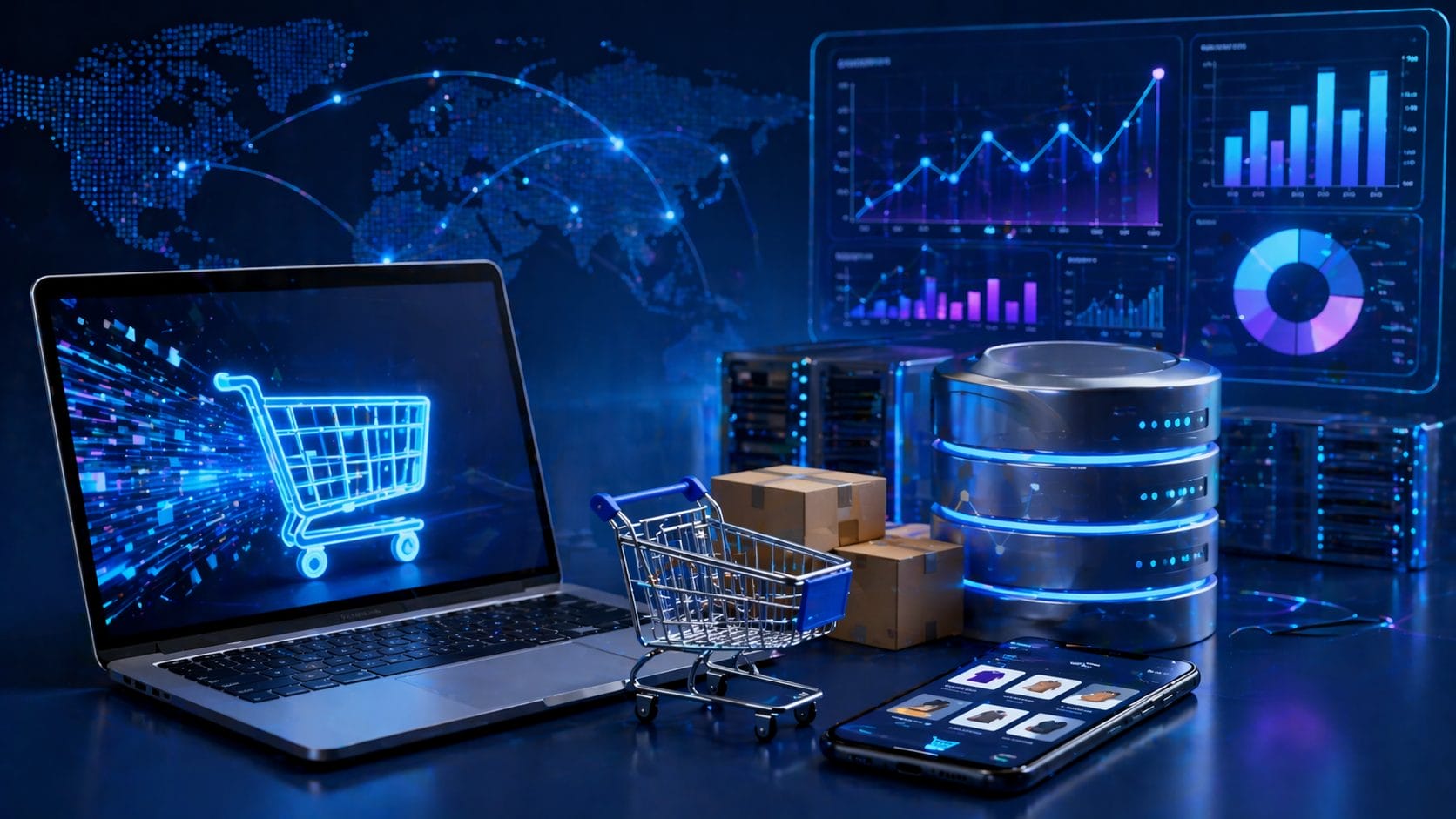 A laptop, smartphone, shopping cart, stacked servers, and cardboard boxes with digital graphs and a world map in the background, representing online shopping and e-commerce technology.
