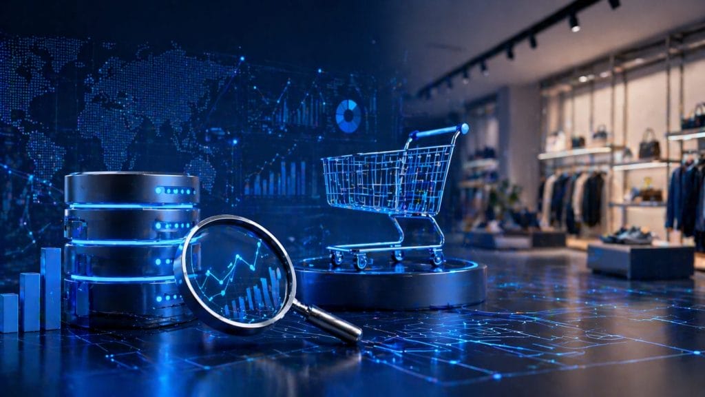 A digital illustration shows a shopping cart, data servers, and a magnifying glass with charts, representing analytics in retail and e-commerce to optimize Retail operations.