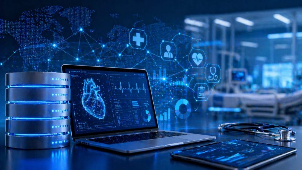 A laptop displays digital heart data beside a server and tablet, with medical icons and a world map overlay, highlighting intelligent database analytics in modern healthcare data systems.