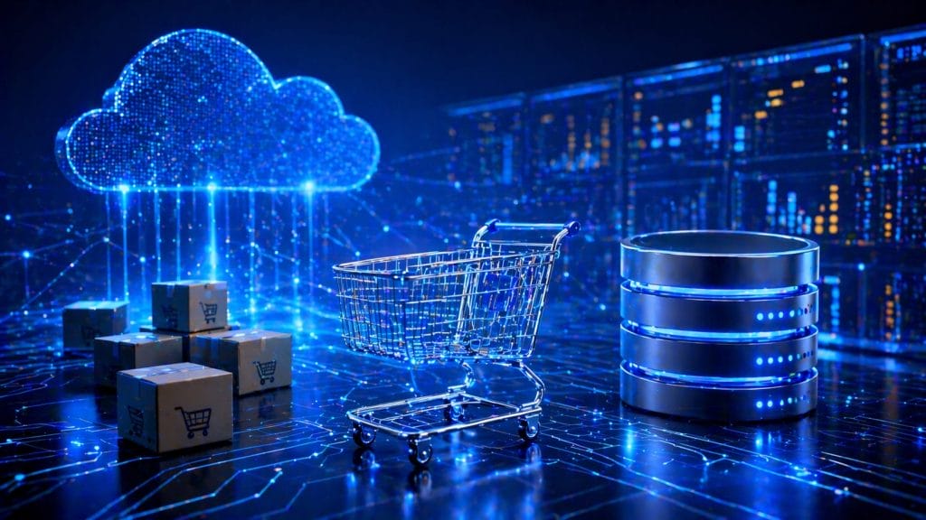 A digital shopping cart, cardboard boxes, a cloud icon, and server stacks are depicted amid glowing network lines, illustrating cloud-based e-commerce and enhanced E-commerce platform performance through AI-driven database monitoring.