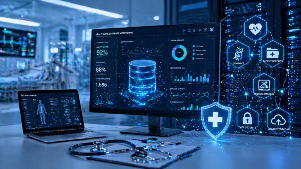 A computer monitor and laptop display healthcare data analytics; medical icons, digital security graphics, and AI-driven database monitoring visuals are overlaid, with a stethoscope and clipboard on the desk&mdash;a nod to modern Healthcare IT.
