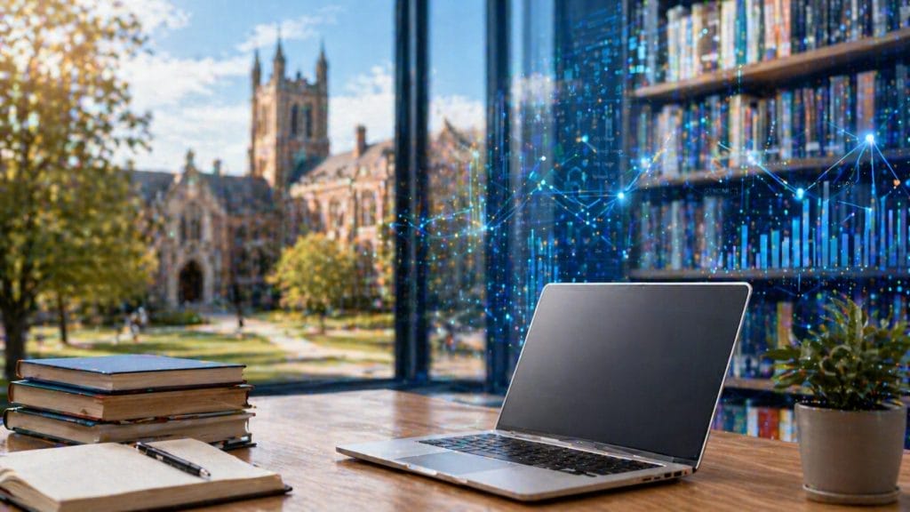 A laptop, books, and notebooks on a wooden table in a library with large windows, overlooking a university campus, highlight optimizing University Data Systems with digital network overlay.