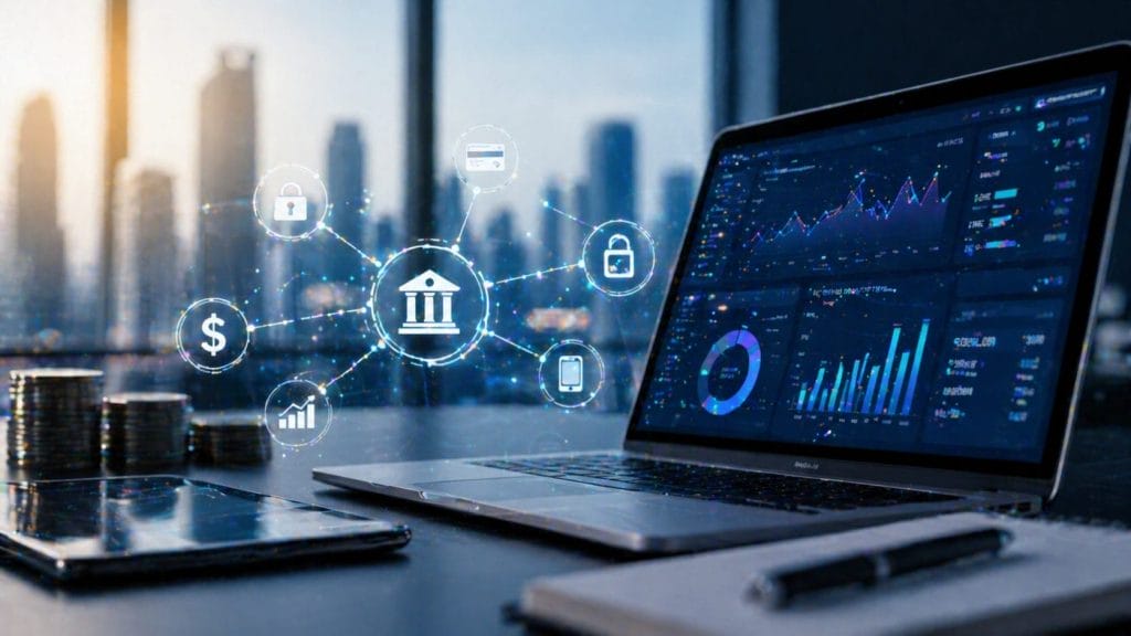 A laptop displaying financial charts sits on a desk with coins and a tablet, surrounded by graphics representing AI-powered banking icons, set against a city skyline&mdash;illustrating cutting-edge FinTech infrastructure.