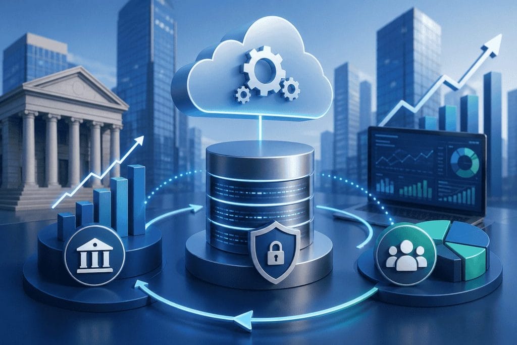 A digital illustration shows cloud computing linked to a secure database, financial graphs, group icons, and a bank building, representing data integration and security in finance.
