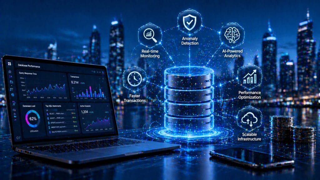 A laptop and smartphone display data analytics near a digital database graphic, highlighting features like AI-driven database monitoring, real-time performance monitoring, anomaly detection, and optimization for FinTech platforms.