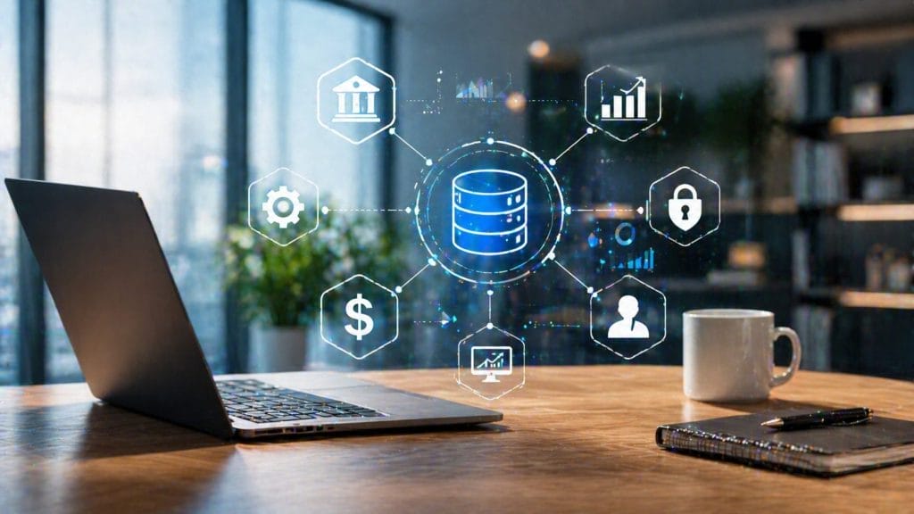 A laptop and coffee cup on a desk with a digital overlay showing a central database icon connected to various business and data management symbols, highlighting Optimizing processes through Intelligent Database Analytics.