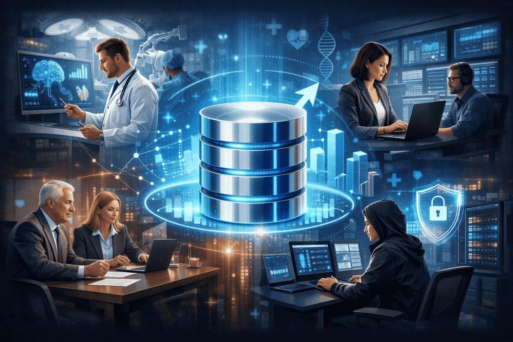 A central digital database surrounded by doctors, business professionals, and cybersecurity experts analyzing data and working on computers in a high-tech environment.