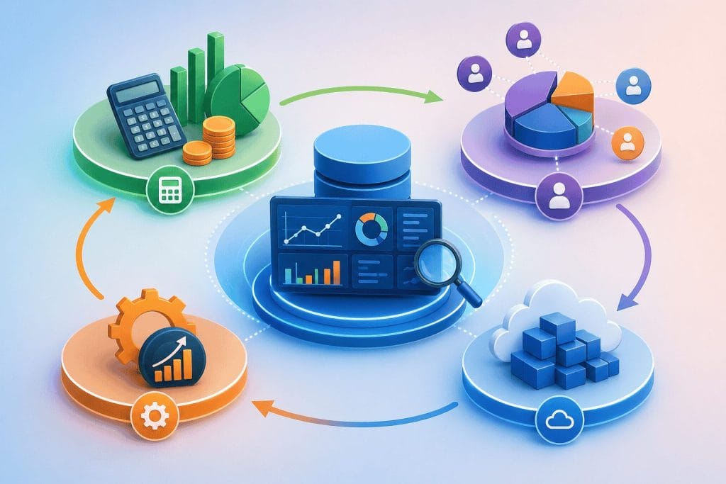 A digital illustration of interconnected data analytics concepts, including charts, graphs, a calculator, gears, cloud storage, and user icons, representing data processing and analysis.