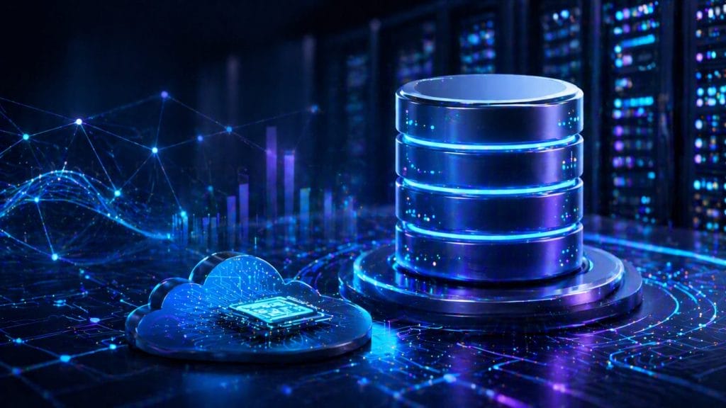 A digital illustration showing cloud computing and data storage, with a cloud-shaped chip and cylindrical database server amid glowing network connections, highlighting AI in database management for modern enterprises.