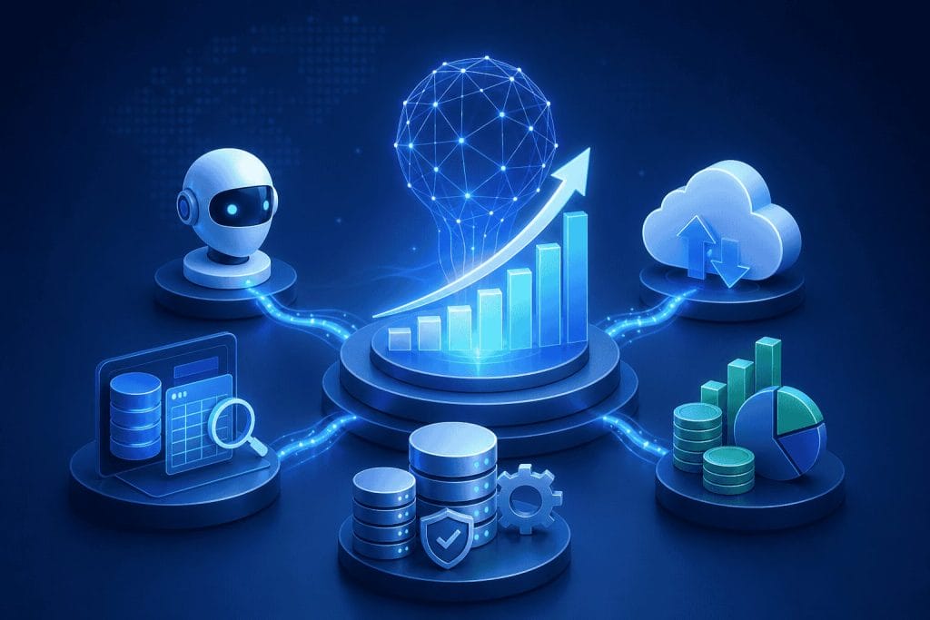 A digital illustration showing interconnected data charts, cloud storage, a robot, databases, and a glowing lightbulb representing growth and technology integration.