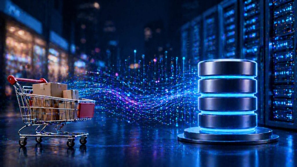 A shopping cart with boxes faces digital data disks in a server room, connected by a stream of glowing data particles, illustrating robust E-Commerce Infrastructure.