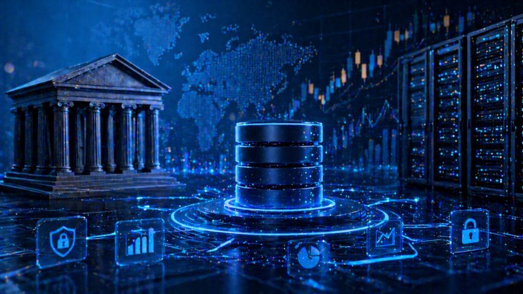 A digital illustration shows a database, a classical bank building, and server racks with financial icons, graphs, and a world map, symbolizing AI-driven database performance monitoring in global finance.