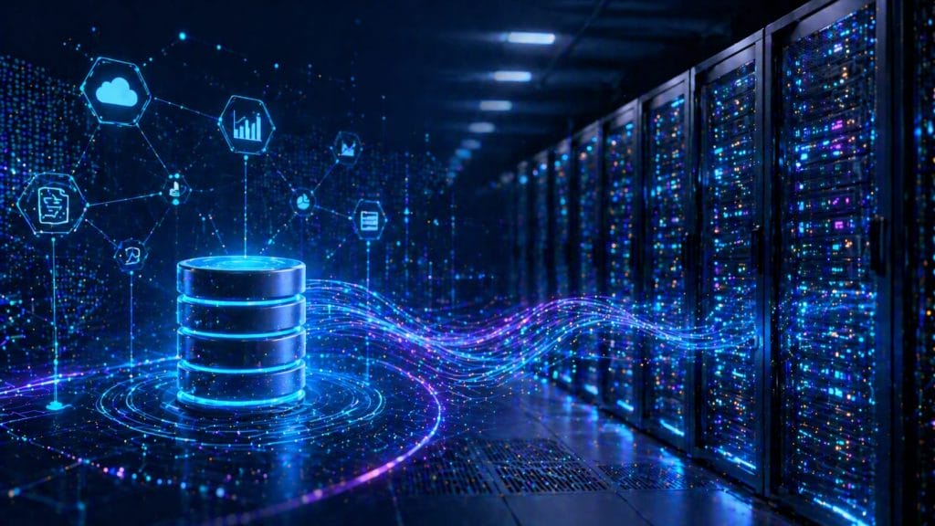Digital illustration of data servers in a server room with a glowing data flow connecting to a database icon, representing data management on digital platforms and optimized database performance in cloud computing.
