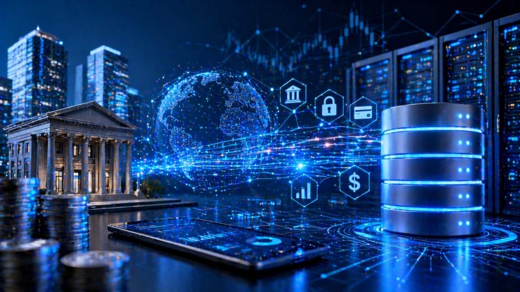 Digital illustration of financial technology featuring a data server, smart phone, bank building, coins, and icons representing banking, security, digital currency, and AI-powered database solutions against a cityscape background.