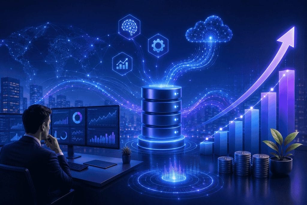 A person analyzes data charts on monitors in a dark office; glowing graphics show data storage, cloud computing, and an upward growth arrow beside stacks of coins and a potted plant.