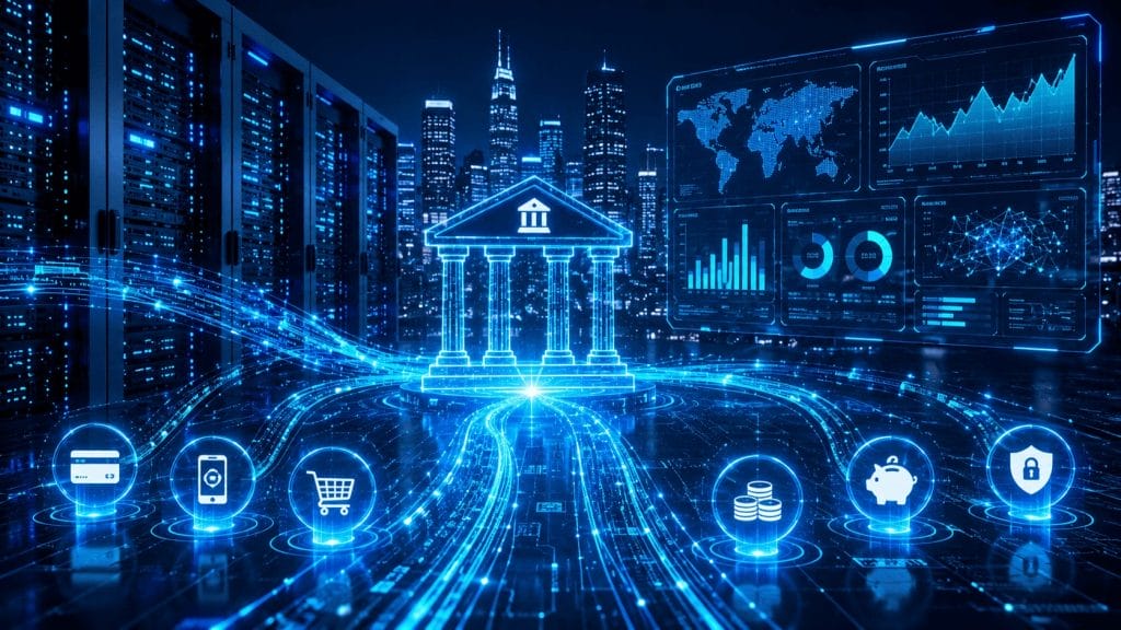 Digital illustration of a smart city with a glowing bank icon, data servers, and financial charts, highlighting BFSI innovation and Digital Banking Platforms connected by blue digital lines, representing secure shopping and advanced transactions.