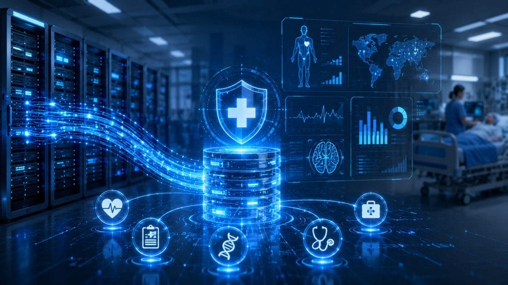 Digital illustration of healthcare data infrastructure and security, featuring medical icons, digital charts, and servers in a hospital setting, while a patient lies in bed in the background.