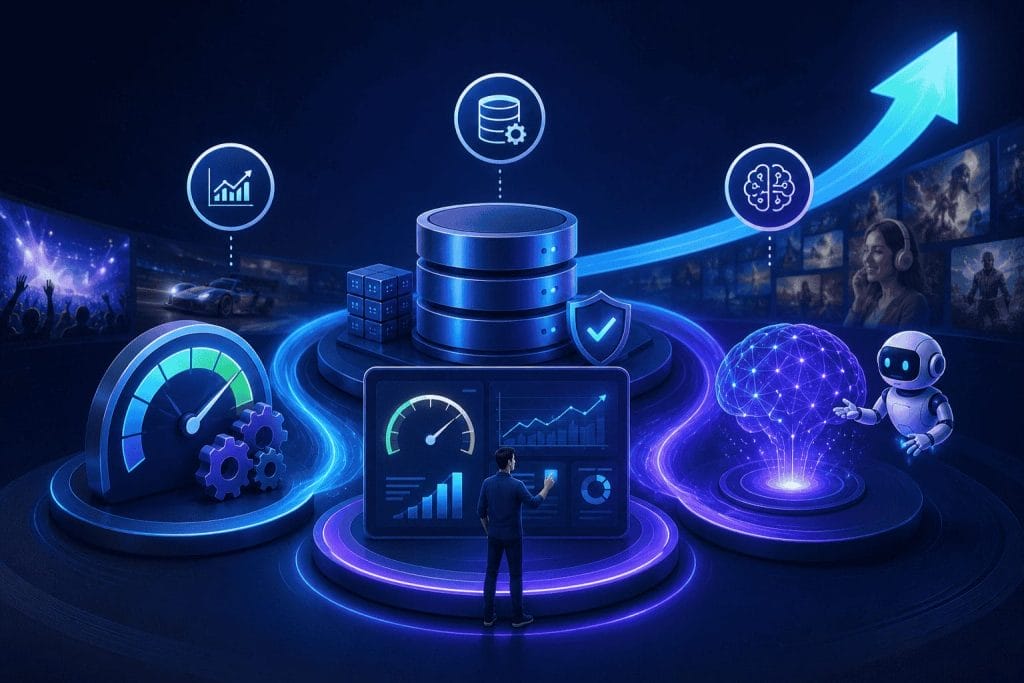 A person analyzes digital data on a screen surrounded by icons of AI, cloud storage, graphs, and a robot, illustrating concepts of technology, analytics, and artificial intelligence.